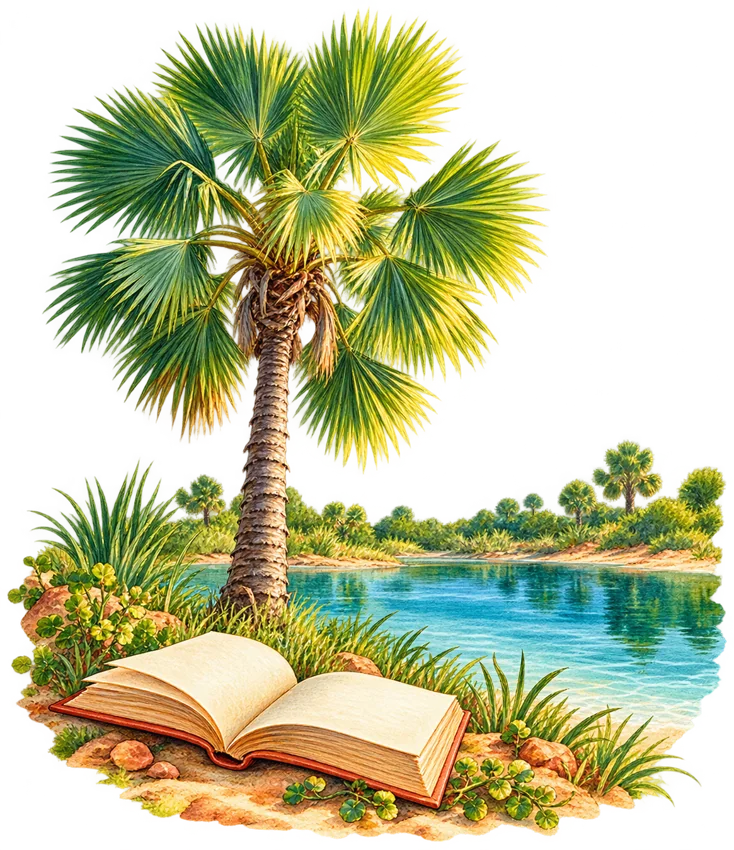 Carnaúba, lagoa e livro ilustrados