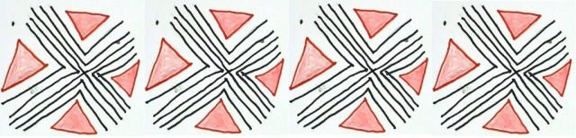 Faixa com grafismo de traços pretos cruzados e formas vermelhas repetidas