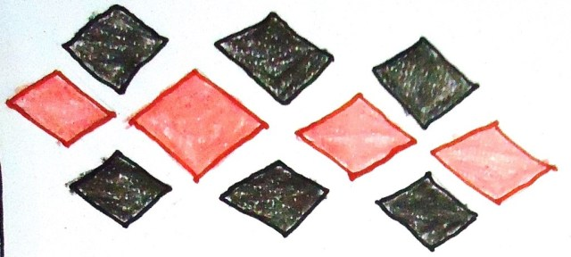 Grafismo formado por losangos vermelhos e pretos