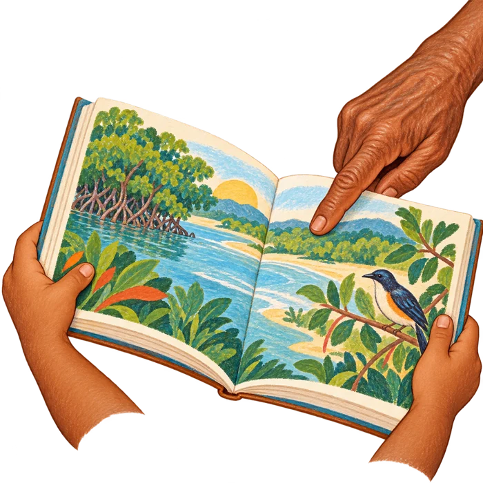Ilustração de leitura compartilhada entre gerações