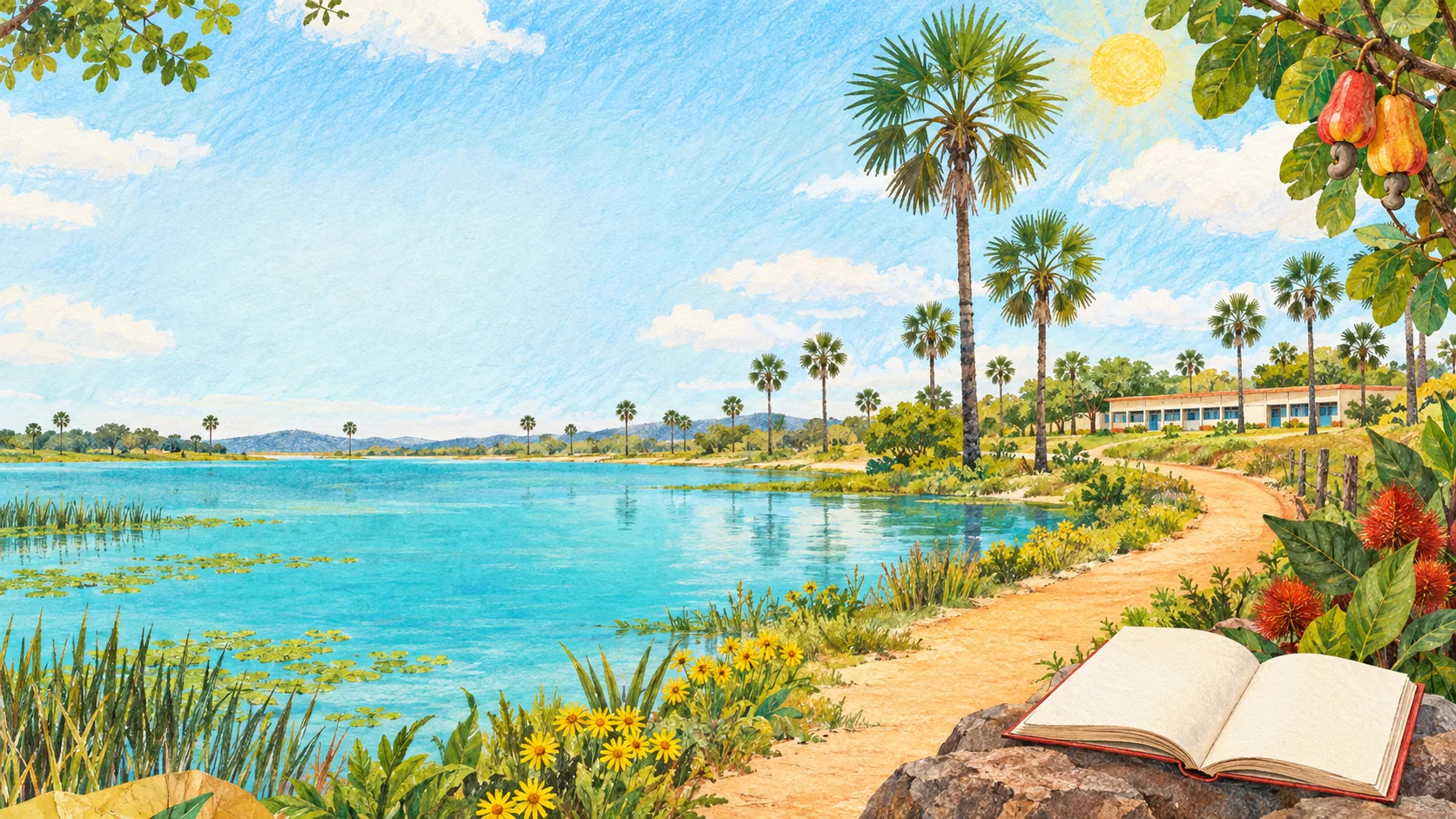 Ilustração educativa de uma paisagem com carnaúbas, lagoa, cajus e uma escola